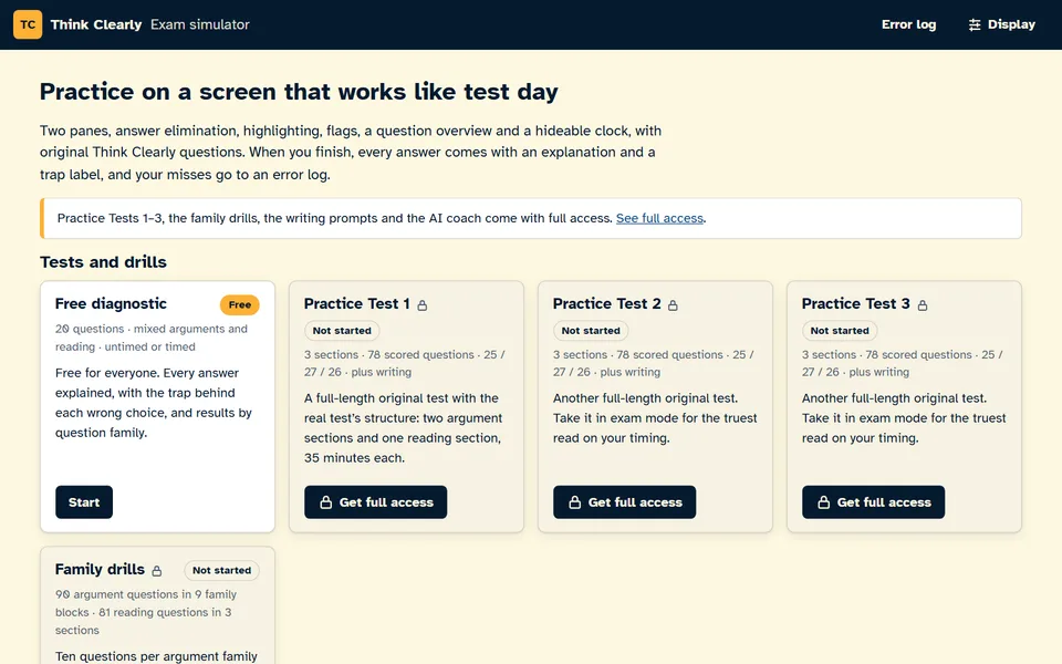 The simulator library: a free diagnostic card with a Start button and three full-length practice test cards marked as part of full access.