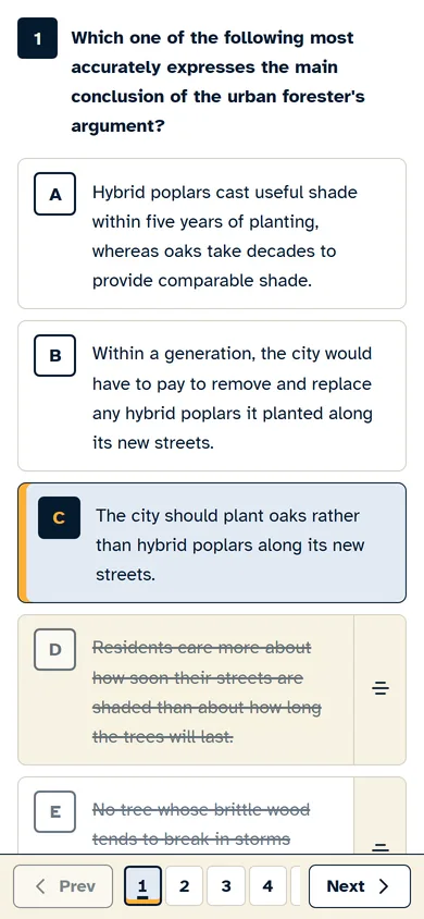 The simulator on a phone, showing a question with one answer selected and two eliminated, and Previous and Next buttons along the bottom.