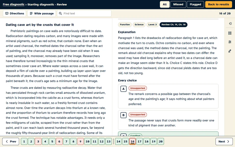 Review of a reading question: the passage on the left; on the right an explanation and a reason for each answer choice, with the credited answer marked in green and the chosen wrong answer marked in red.