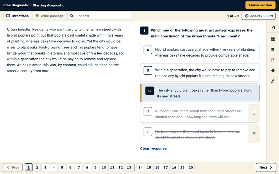 The Think Clearly Prep simulator on question 1 of the free diagnostic: the argument on the left; on the right the question, with choice C selected and choices D and E struck out as eliminated; a section timer at the top and numbered question buttons along the bottom.